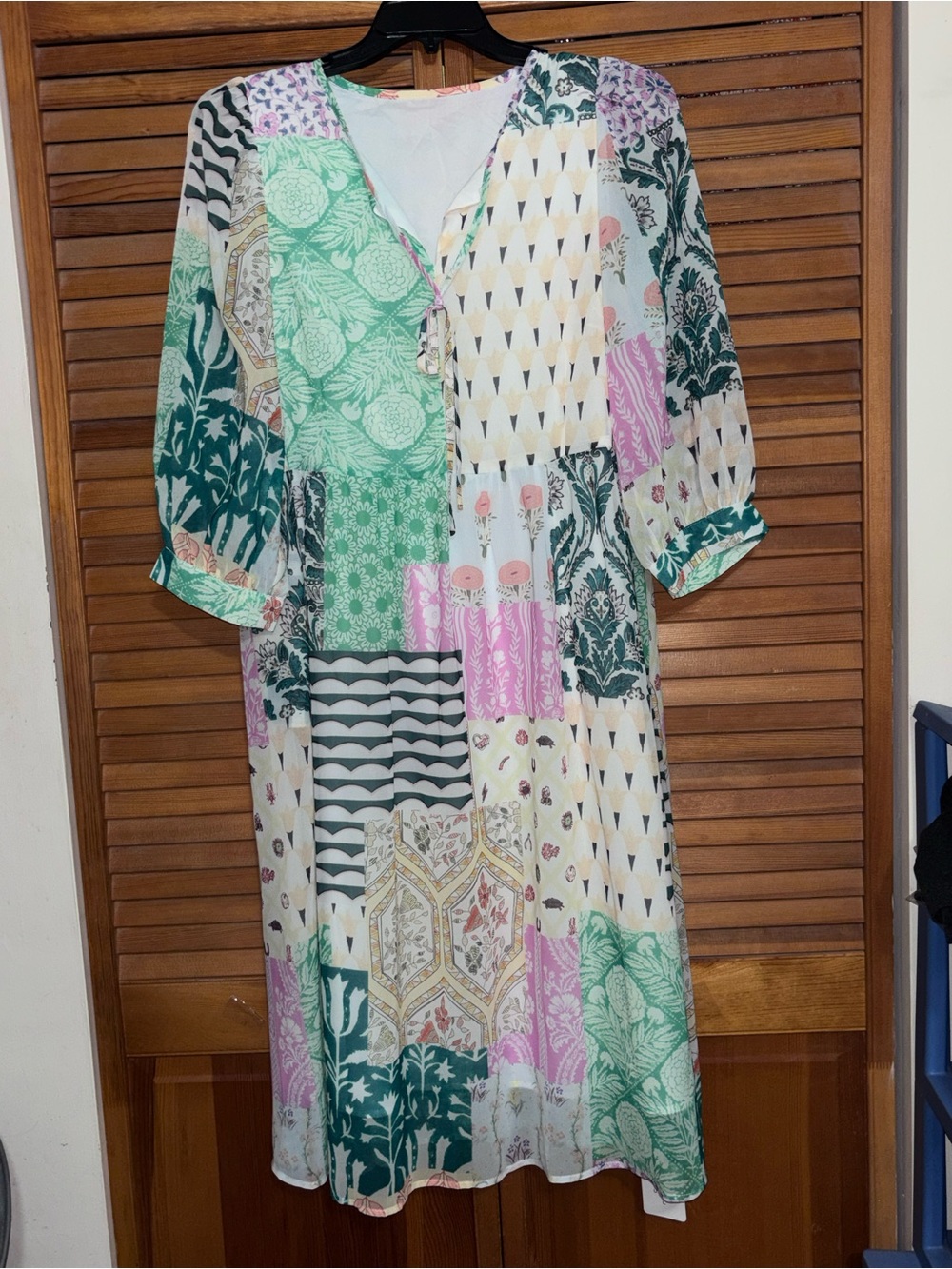 SHEIN Patchwork Midi Dress in Green & Pink